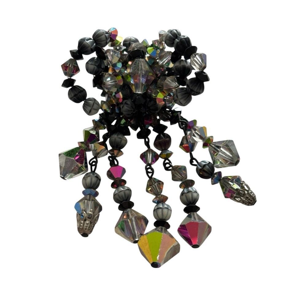 Beaded Waterfall Aurora Borealis starburst tassel dangle brooch Black White Gray